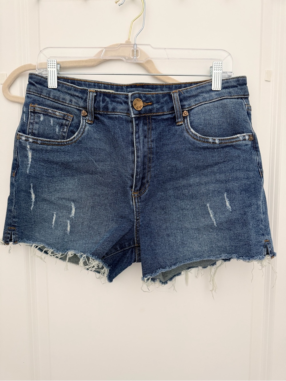 Classic Dark Blue Distressed High Rise Denim Shorts